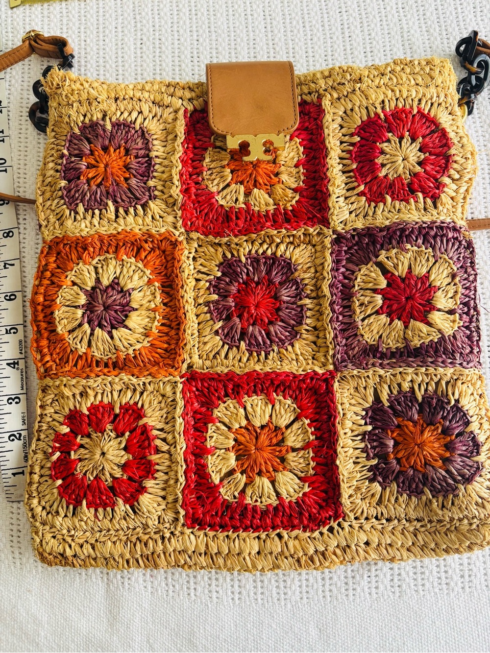 Tory Burch Multi-Color Crochet Square Crossbody with Tan Trim - Picture 10 of 10